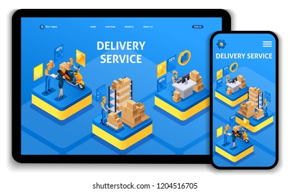 Template Website design. Isometric concept working with Delivery service. Express delivery, online order, call center. Easy to edit and customize landing page uiux.