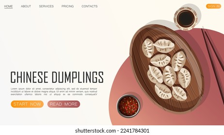 Template Website Design für Restaurant, Café, Shop. Vektorgrafik von chinesischem Essen und Kopienraum einzeln auf Weiß. Web, Banner, Poster, Flyer, Cover, Broschüre, Promotion Konzept.
