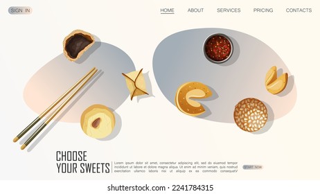 Template website design for restaurant, cafe, shop. Vector illustration of Chinese food and copy-space isolated on white. Web, banner, poster, flyer, cover, brochure, promotion concept.