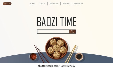 Template website design for restaurant, cafe, shop. Vector illustration of Chinese food and copy-space isolated on white. Web, banner, poster, flyer, cover, brochure, promotion concept.