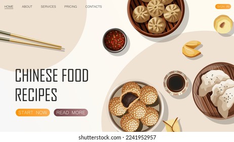 Template website design for restaurant, cafe, shop. Vector illustration of Chinese food and copy-space isolated on white. Web, banner, poster, flyer, cover, brochure, promotion concept.