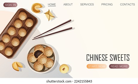 Template Website Design für Restaurant, Café, Shop. Vektorgrafik von chinesischem Essen und Kopienraum einzeln auf Weiß. Web, Banner, Poster, Flyer, Cover, Broschüre, Promotion Konzept.