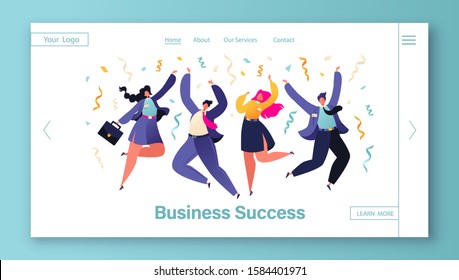 Template for website with happy colleagues, business people, managers team celebrating success or corporate holiday. Concept of landing page on business success, teamwork, achieving goals theme.