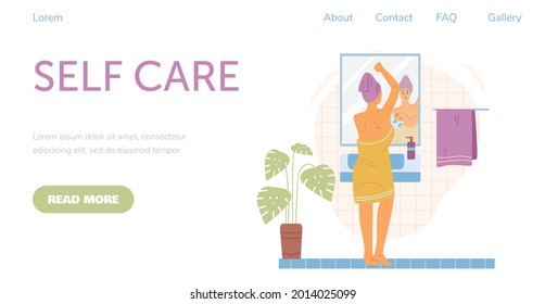 Template for website with illustration of woman in bathroom at mirror. Vector flat cartoon illustration of girl taking care of herself. Design for site page.