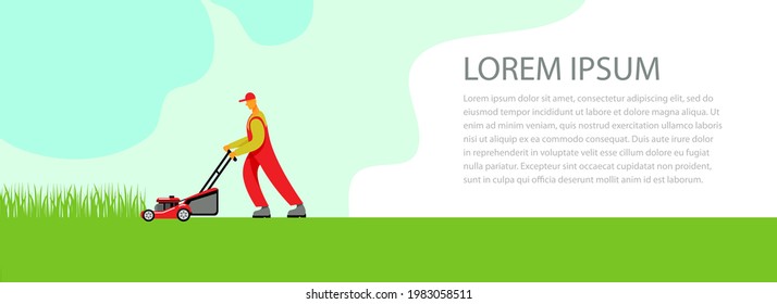 template for website illustration of a worker in red clothes with a lawn mower mows the grass 