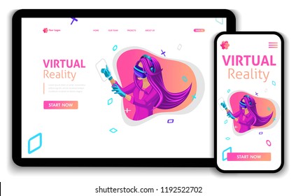 Template Website Isometric Landing page concept VR virtual reality concept girl augmented glasses. Easy to edit and customize, Responsive