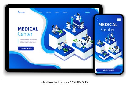 Template Website Isometric Landing page concept Doctor diagnosing patient in a hospital. Medical Center. Easy to edit and customize, Responsive