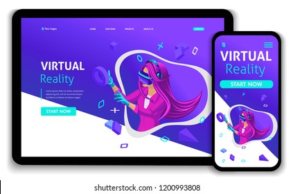 Template Website Isometric Landing page concept VR virtual reality concept girl augmented glasses. Easy to edit and customize, Responsive.
