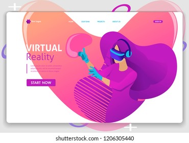 Template Website Isometric Landing page concept VR virtual reality concept girl augmented glasses. Easy to edit and customize