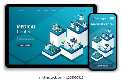 Template Website Isometric Landing page concept Medical Center.Doctor diagnosing patient in a hospital. Easy to edit and customize, Responsive.