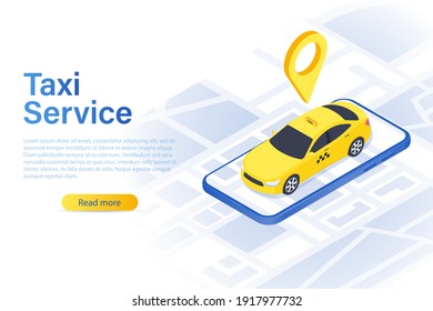 Template for website or mobile application of taxi service. yellow car. Home page concept. User interface design mockup vector illustration isolated on white background.