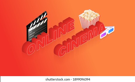 Template for a website with online cinema. Cinema set. Online application for watching movies. Isometric vector illustration