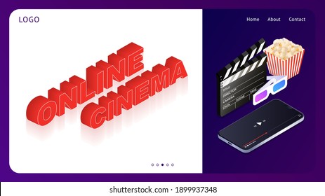 Vorlage für eine Website mit Online-Kino. Kinoset. Online-Anwendung zum Anschauen von Filmen. Isometrische Vektorgrafik