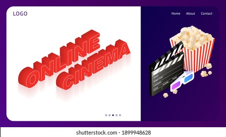 Template for a website with online cinema. Cinema set. Online application for watching movies. Isometric vector illustration