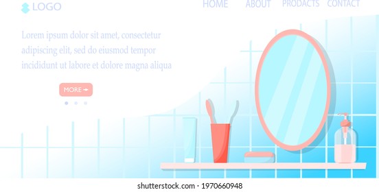 Template for a website, online store, or website about interior design and bathroom accessories. The mirror shelf and bathroom accessories are hidden in the apartment. The concept of interior design.
