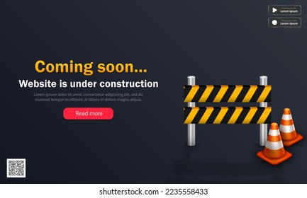 Template of website page with 3d orange traffic cones and yellow striped roadblock. Black vector banner with text - Coming soon, website is under construction. Maintenance background with barriers