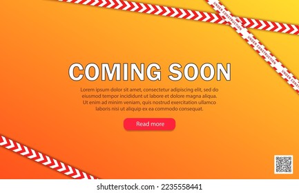 Template of website page with 3d striped red-white warning line, red button and qr code. Orange vector banner with white text - coming soon. Under construction, maintenance, website repair background 