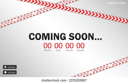 Template of website page with striped red-white barrier tapes. White gradient vector banner with warning line, app buttons, countdown timer and black text - Coming soon (website is under construction)