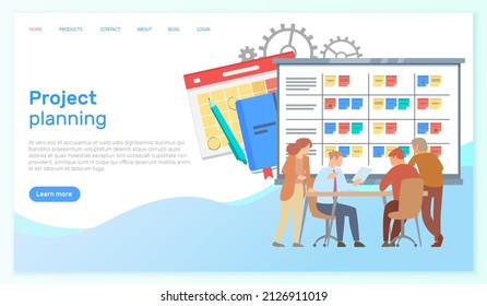 Template of website for project planning, business event. People with schedule organize meeting, create monthly plan. Planning strategy and time management concept. Colleagues discuss work scheduling