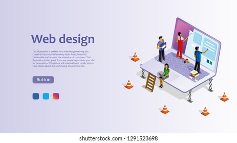 Template for website for web design. Isometric illustration with laptop, woman, man. Easy to edit and customize.