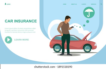 Template for website, web page. Car insurance vector illustration. Stylized car. Warranty to protect the vehicle from accident, damage or collision. Business people protection
