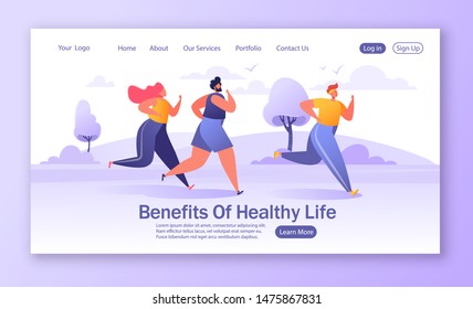 Template for website or web page with Group of cartoon, flat characters running marathon distance. Concept of landing page on healthy lifestyle, summer outdoor, sport competition theme. 