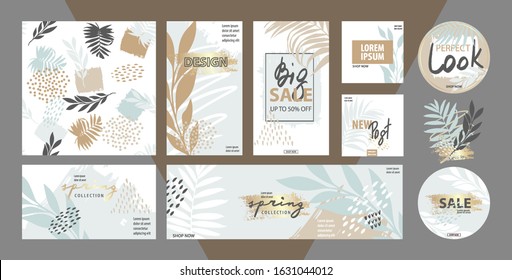 Template for wedding, advertising banners, invitations, posts, covers, business cards, posters in tropical style. Modern vector abstract floral art leaves background.