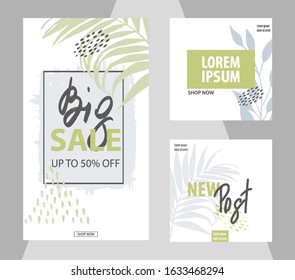 Template for wedding, advertising banners, invitations, posts, covers, business cards, posters in tropical style. Modern vector abstract floral art leaves background.