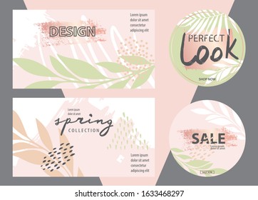 Template for wedding, advertising banners, invitations, posts, covers, business cards, posters in tropical style. Modern vector abstract floral art leaves background.