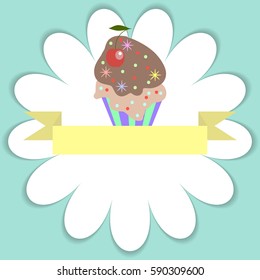 Template for wedding, birthday,party card,logo,emblem,postcard with muffin and ribbon