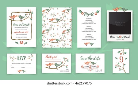 Template wedding card with cute birds on a tree branch. Greeting card.  Wedding invitation, thank you card, table card, photo frame vector.