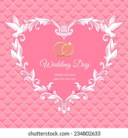Template of wedding card. Frame heart-shaped  on pink background 