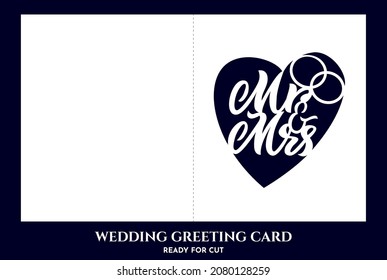 Template of wedding card, invitation Mr and Mrs with rings in shape of heart. Ready for cutting. Vector illustration. Love concept. Event decoration