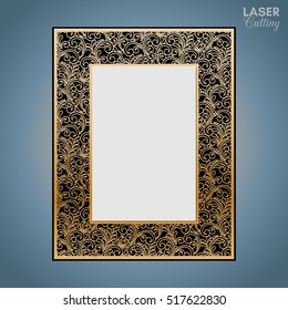 Template for wedding cards, invitations, etc. with gold lace pattern and openwork frame on black background. Image suitable for laser cutting, plotter cutting or printing. 