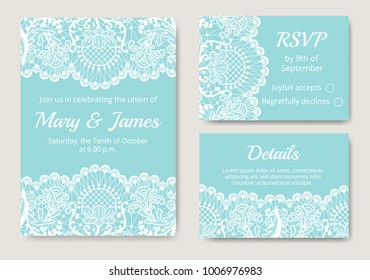 Template of wedding cards with lace border on turquoise background