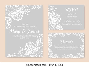 Template of wedding cards with lace border on gray background