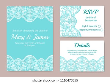 Template of wedding cards with lace border on turquoise background