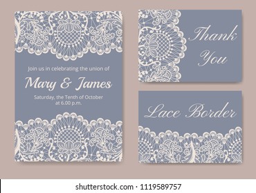 Template of wedding cards with lace border on gray background