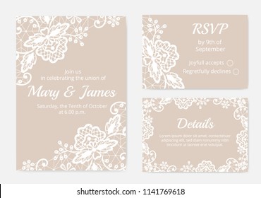 Template of wedding cards with lace border on beige background