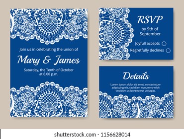 Template of wedding cards with lace border on blue background