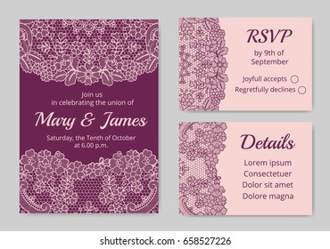 Template of wedding cards with lace border on red and pink background