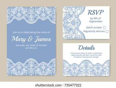 Template of wedding cards with lace border on blue background