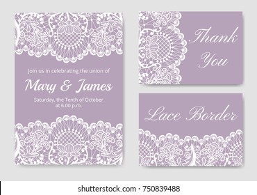 Template of wedding cards with lace border on lilac background