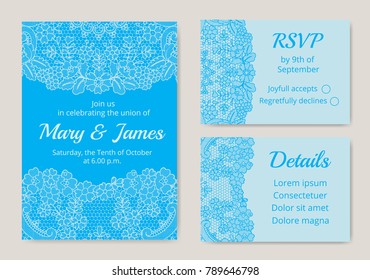 Template of wedding cards with lace border on blue background