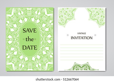 Template of wedding cards. Round oriental lace ornament with mandala. Decorative greeting design for thank you card, save the date card, mother day.