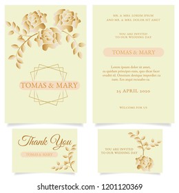 Template for wedding with golden rose and leaf. Luxury wedding invitation template with gold flower.