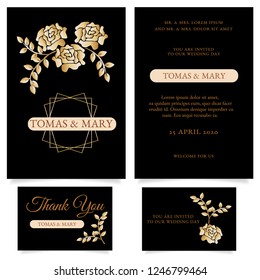 Template for wedding with golden rose and leaf. Luxury wedding invitation template with gold flower.