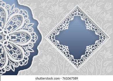 Template of wedding greetings or invitations. 3D mandala, square frame with lace edges, surface with a relief pattern. Floral background on the bottom. Place for the inscription in the frame. Vector.