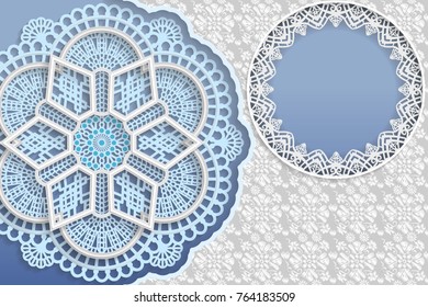 Template of wedding greetings or invitations. 3D mandala, round frame with lace edges, surface with a relief pattern. Floral background on the surface. Place for the inscription in the frame. Vector.