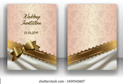   Template wedding or holiday invitations for birthday, anniversary, celebration. Vintage gradient background with golden ribbon and golden bow. Vector illustration.